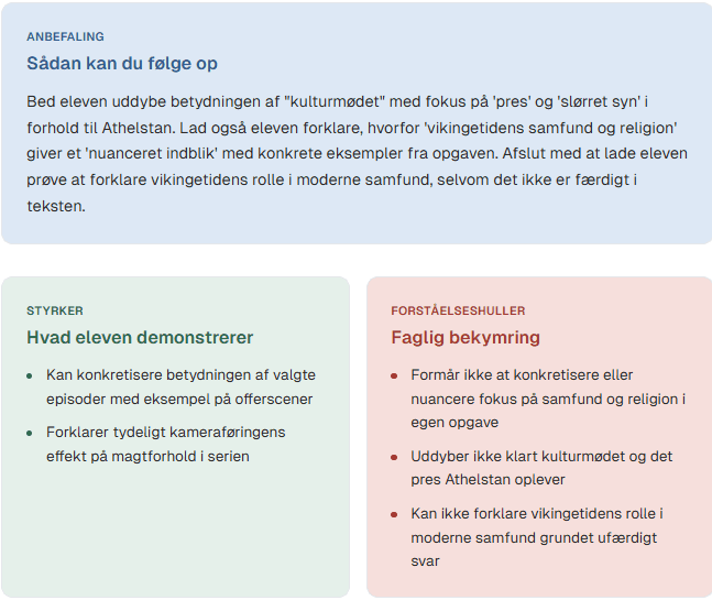 Eksempel på lærerens anbefaling, styrker og forståelseshuller efter et digitalt opgaveforsvar.